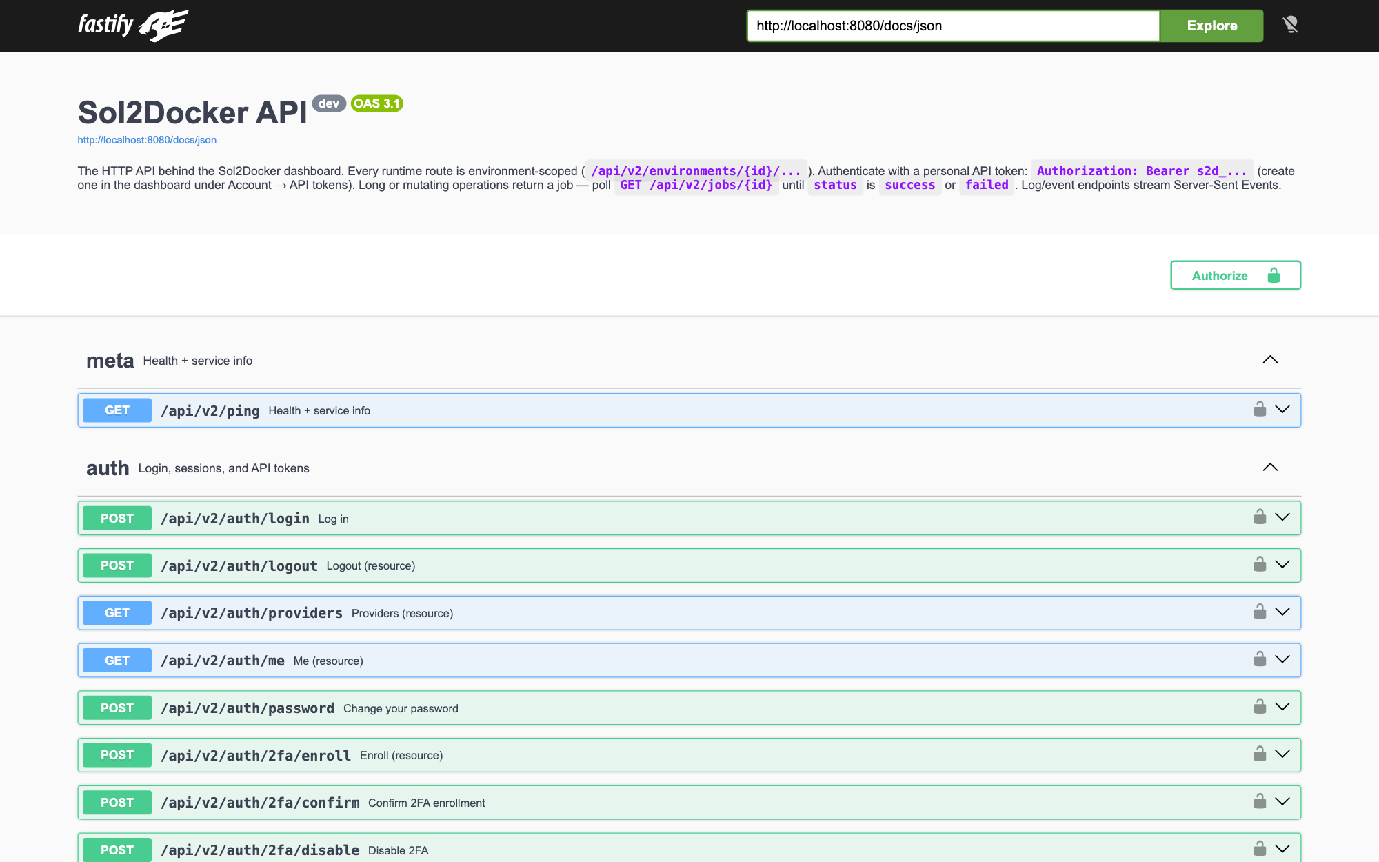 The Swagger UI at /docs — every endpoint grouped by resource, with request bodies, response examples, and Authorize for your Bearer token.