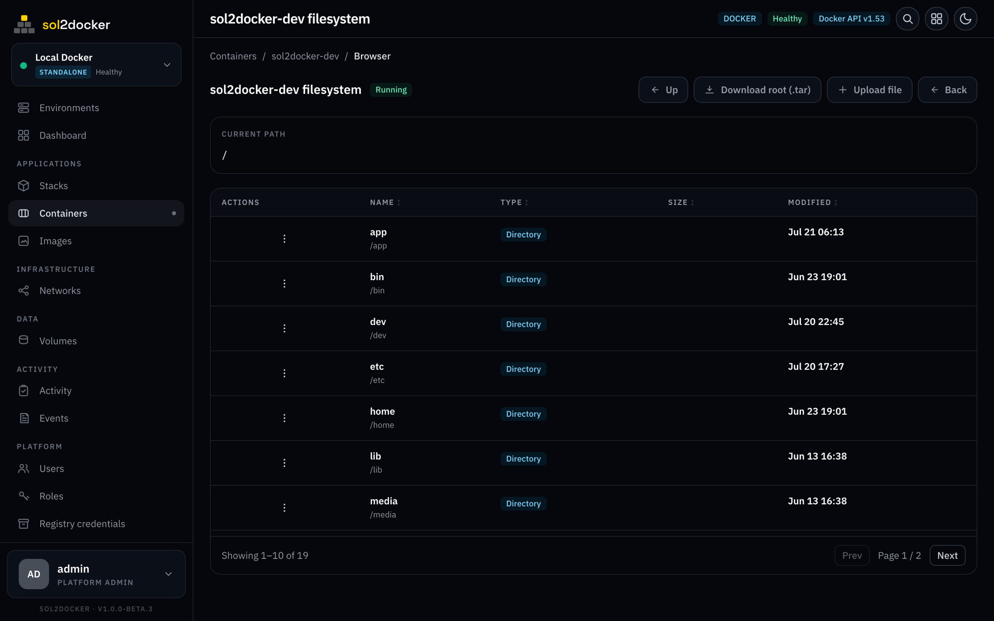 sol2docker file browser