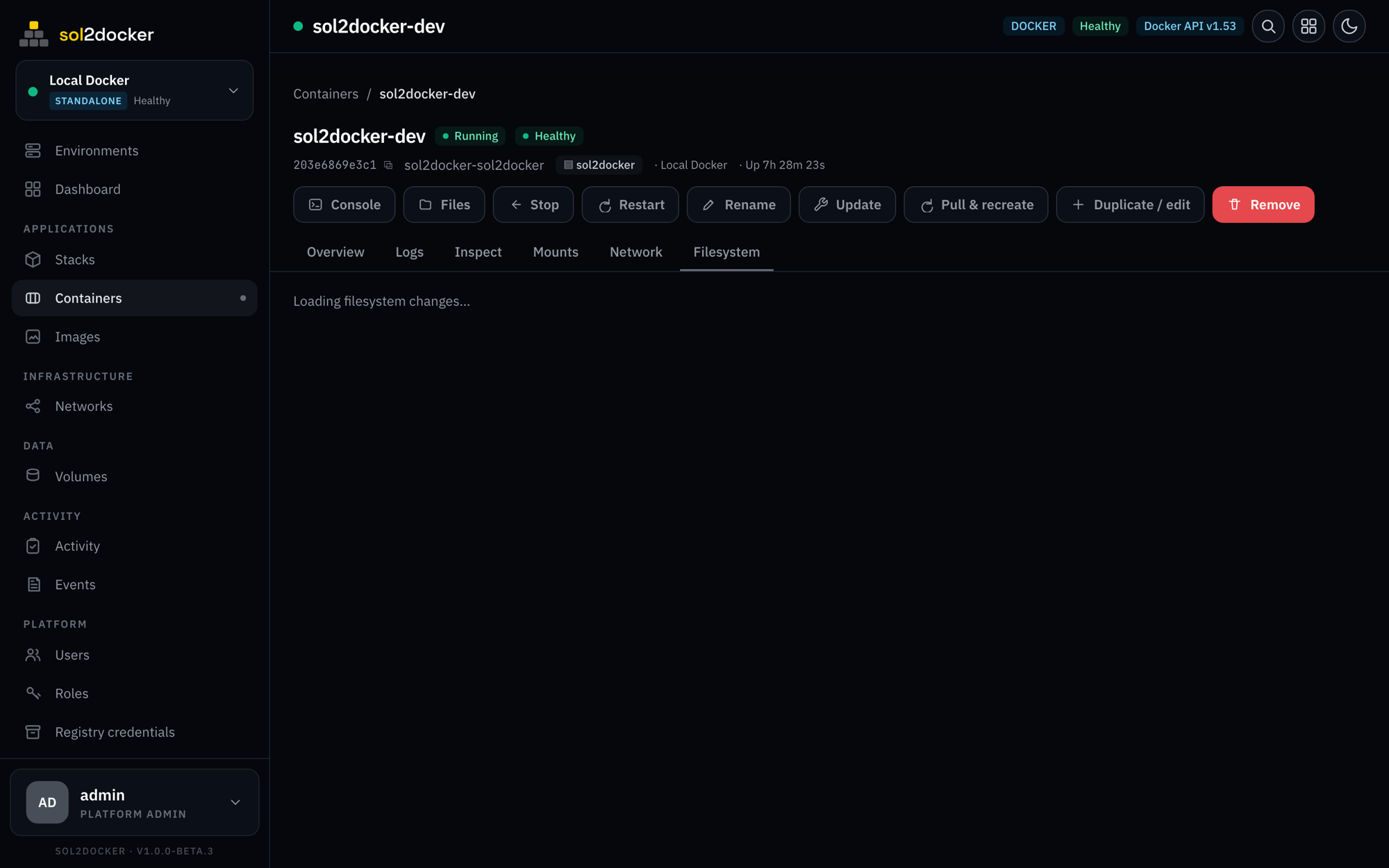 sol2docker container detail tabs