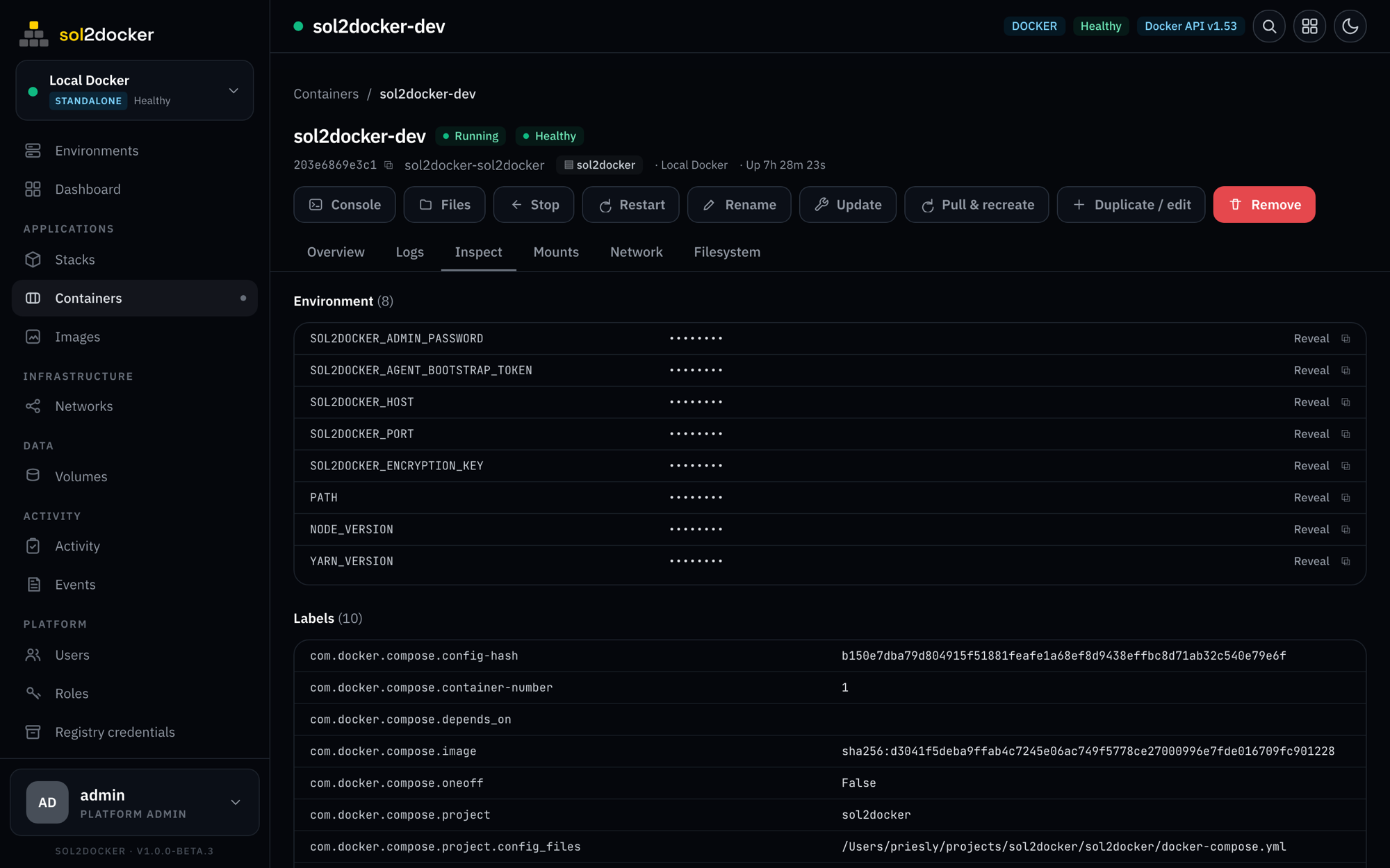 sol2docker container detail tabs