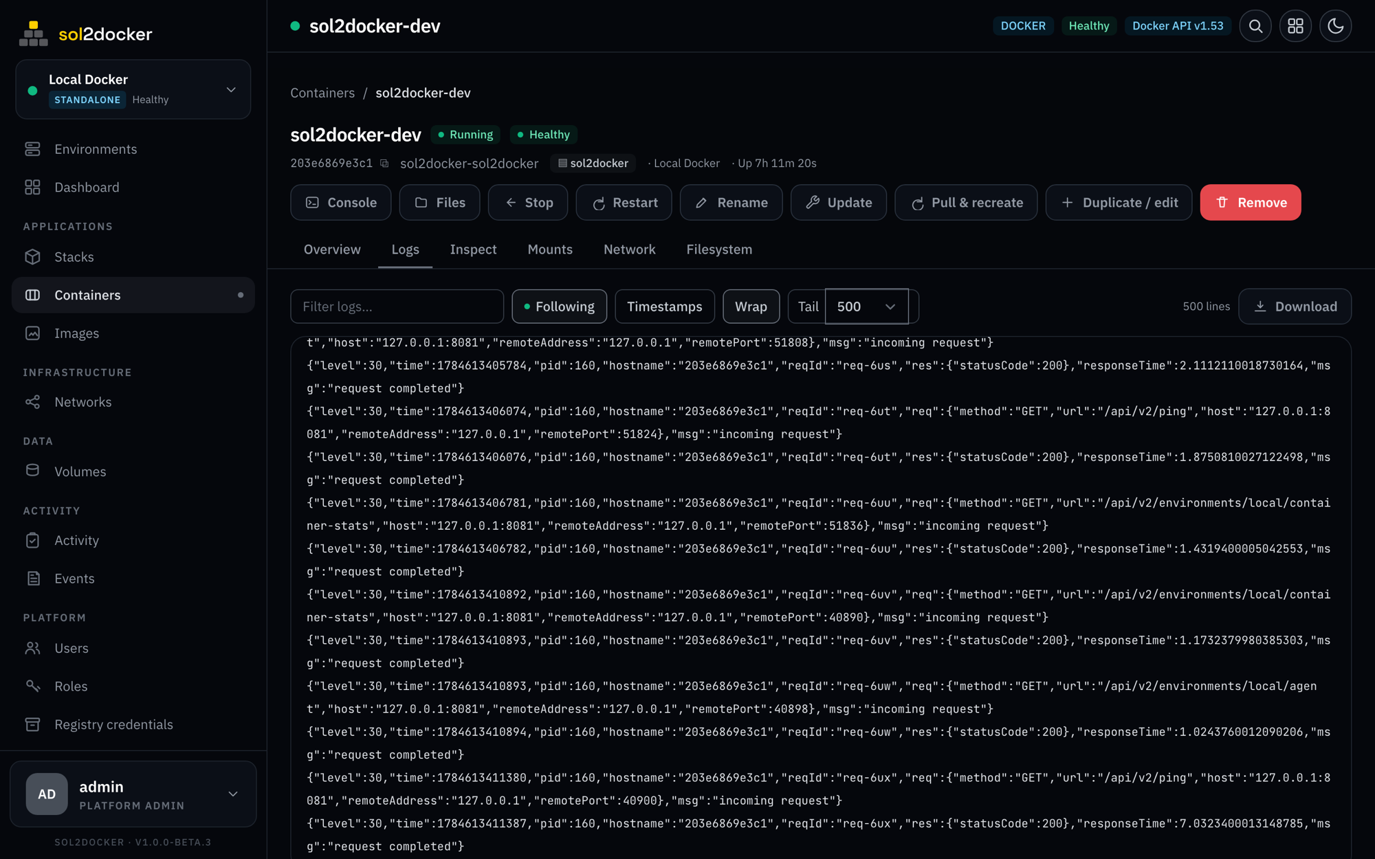 Live container logs