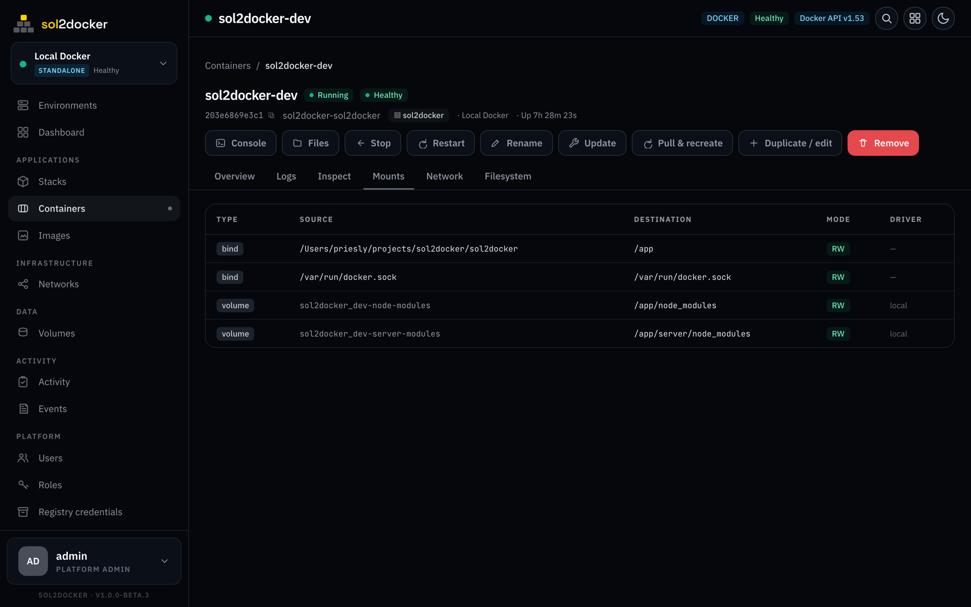 sol2docker container detail tabs