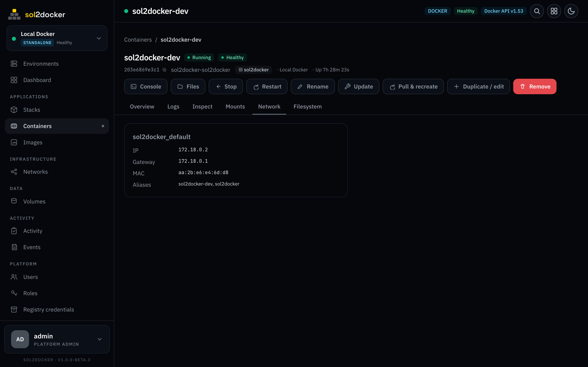 sol2docker container detail tabs