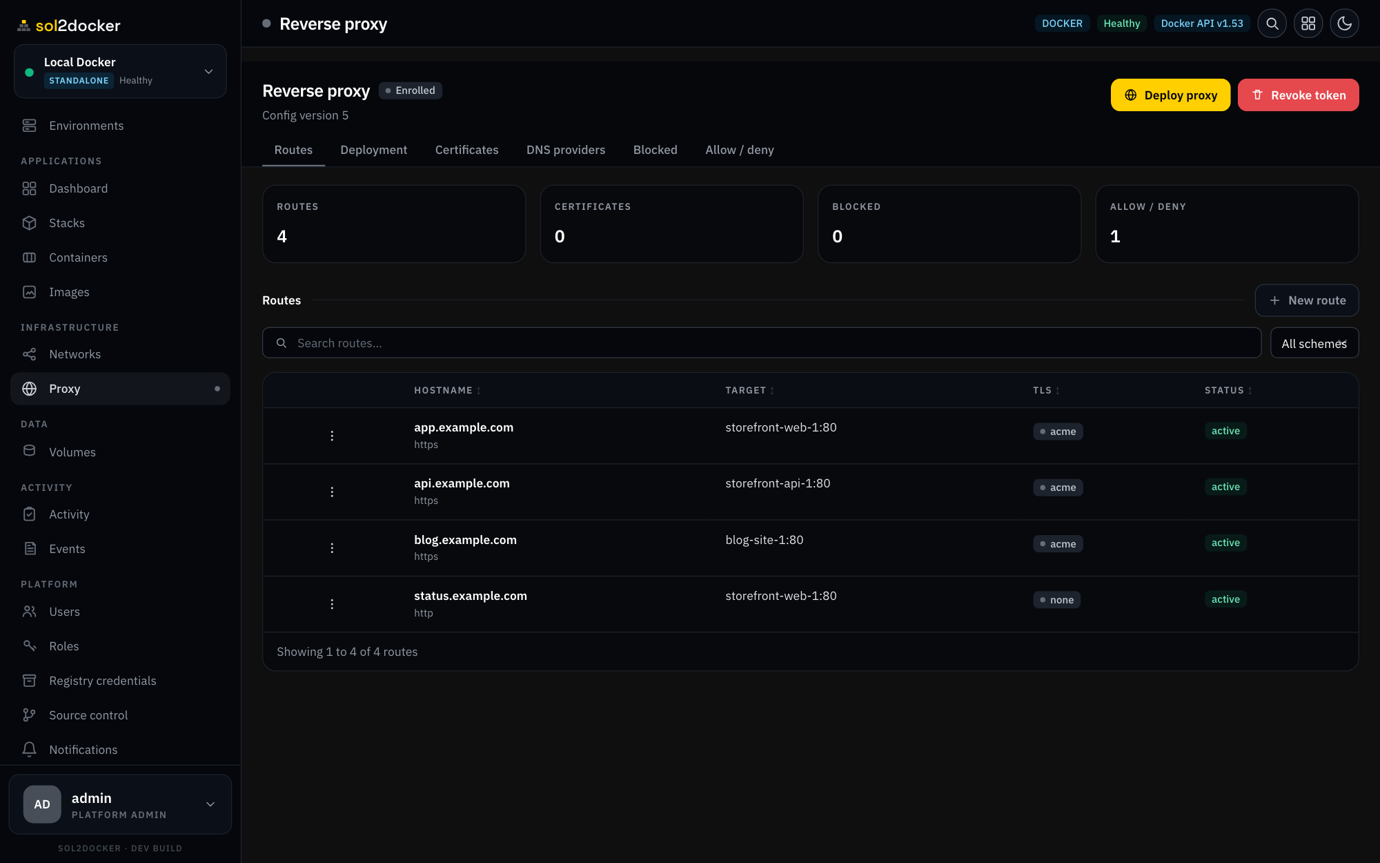 Reverse proxy — routes & TLS