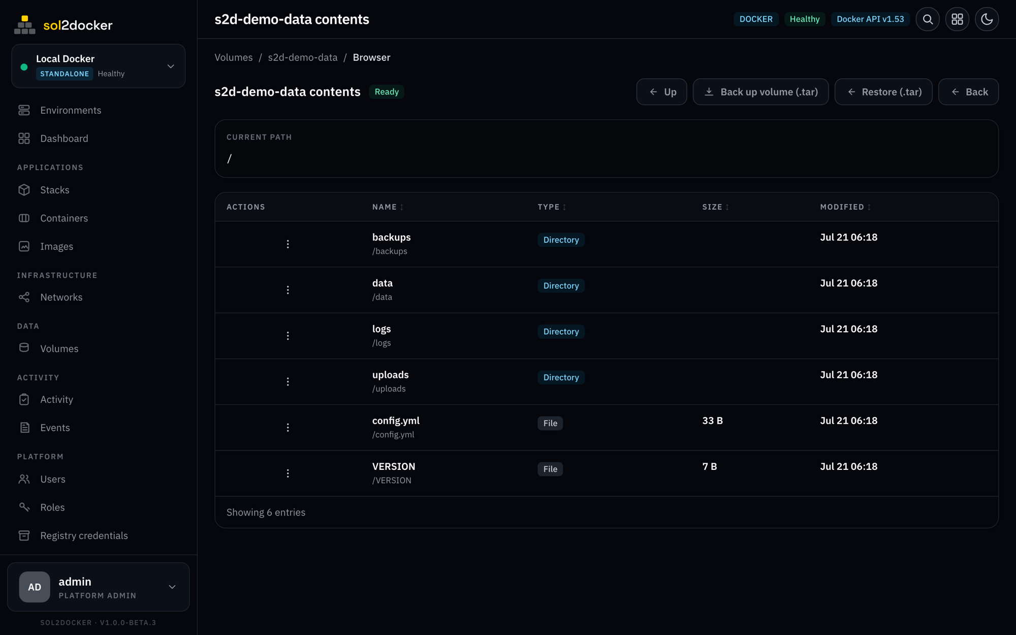 sol2docker file browser